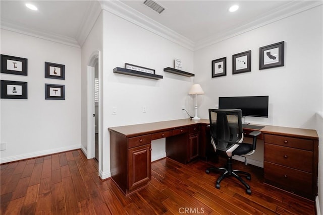 office space featuring ornamental molding and dark hardwood / wood-style floors