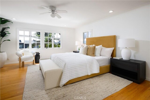 2130 Glenneyre St, Laguna Beach, CA 92651 - bedroom with light wood-style floors, baseboards, recessed lighting, and ceiling fan