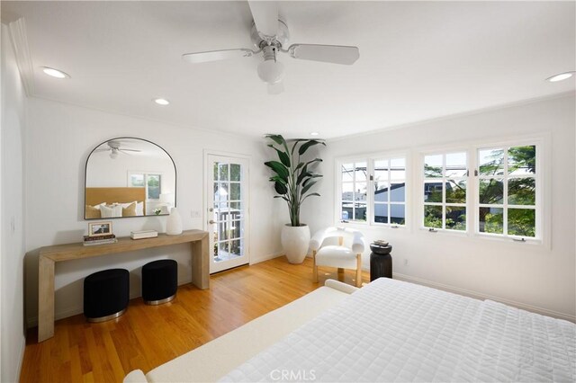 2130 Glenneyre St, Laguna Beach, CA 92651 - bedroom featuring multiple windows, recessed lighting, wood finished floors, access to exterior, and ceiling fan