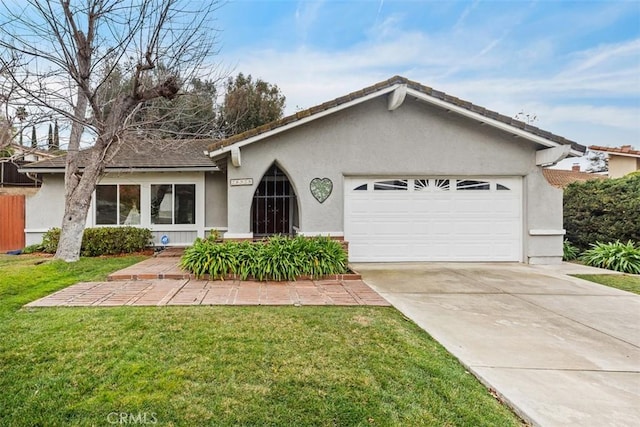 ranch-style house with a garage and a front yard