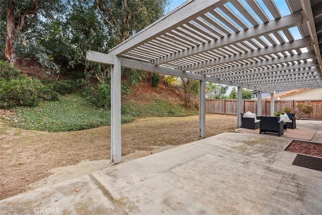 view of patio with an outdoor hangout area and a pergola