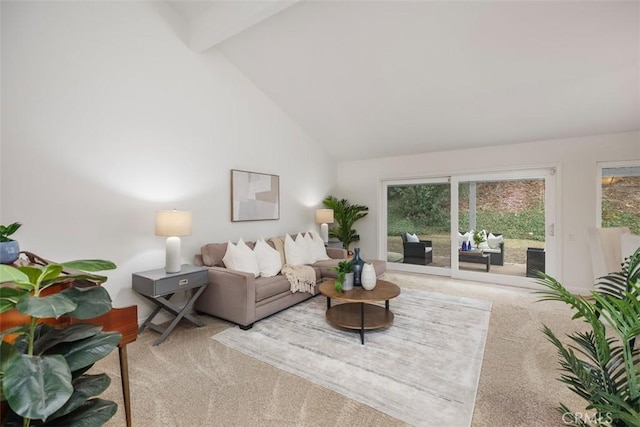 carpeted living room with beamed ceiling and high vaulted ceiling