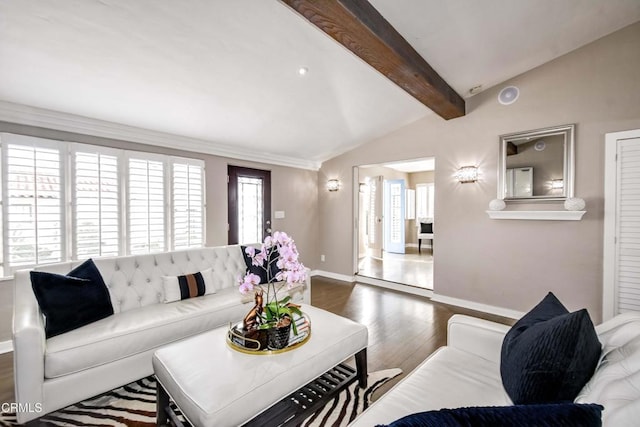 living room with dark wood-type flooring and lofted ceiling with beams