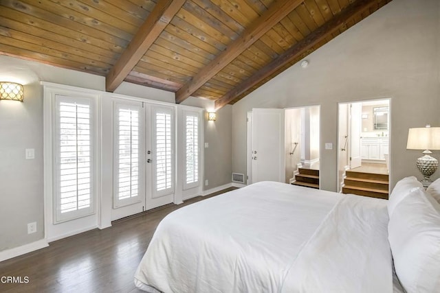 bedroom featuring dark wood-type flooring, ensuite bath, lofted ceiling with beams, wooden ceiling, and access to exterior