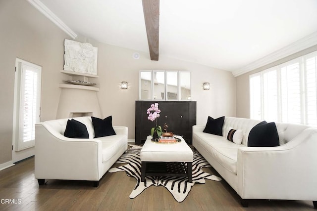 living room with crown molding, vaulted ceiling with beams, and dark hardwood / wood-style flooring