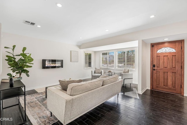 living room with dark wood-type flooring