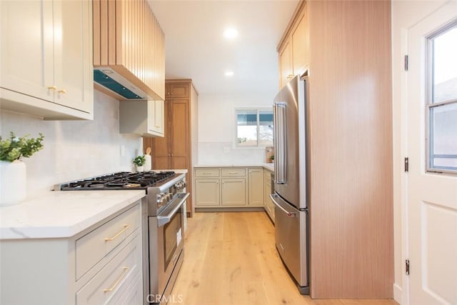 kitchen featuring high end appliances, custom range hood, light stone countertops, light hardwood / wood-style floors, and backsplash