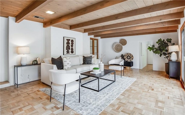 living room featuring beamed ceiling, wood ceiling, and light parquet flooring