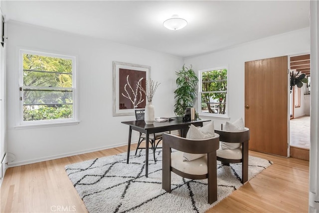 home office featuring light hardwood / wood-style flooring and a healthy amount of sunlight