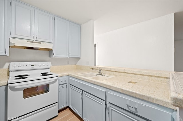 kitchen featuring sink, light wood-type flooring, gray cabinets, and white range with electric stovetop