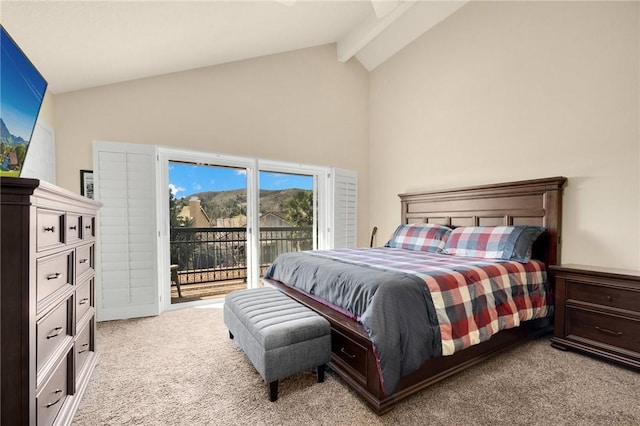 bedroom with light carpet, vaulted ceiling with beams, and access to outside