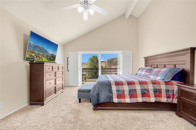 carpeted bedroom featuring beam ceiling, access to outside, high vaulted ceiling, and ceiling fan