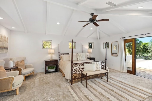 bedroom with light carpet, visible vents, multiple windows, and access to outside
