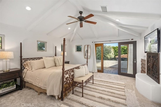carpeted bedroom featuring access to exterior, lofted ceiling with beams, recessed lighting, and visible vents