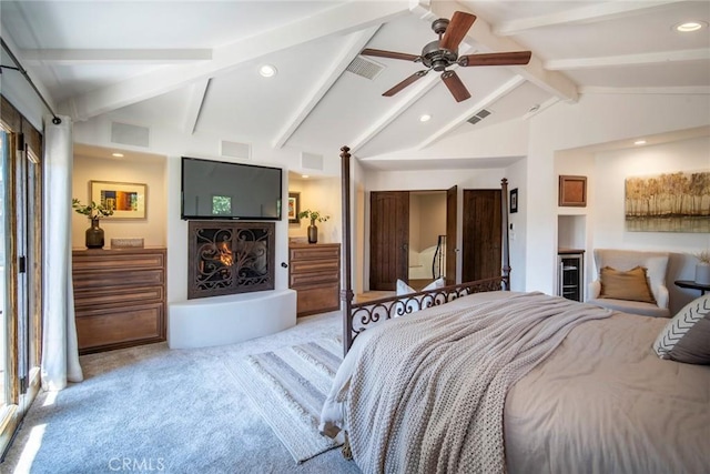 bedroom featuring vaulted ceiling with beams, carpet, and visible vents