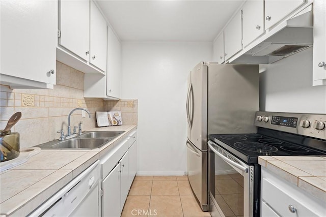 3565 Linden Ave Unit 220, Long Beach, CA 90807 - kitchen with stainless steel range with electric cooktop, tile countertops, white cabinetry, decorative backsplash, and light tile patterned floors