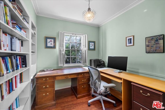 office area featuring crown molding, a notable chandelier, and hardwood / wood-style flooring