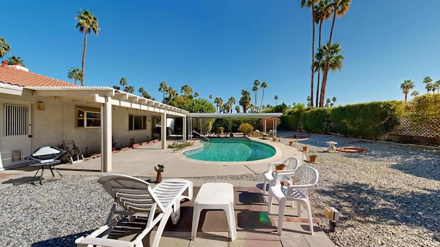 view of swimming pool with a fire pit and a patio