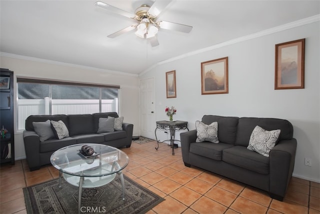 tiled living room with crown molding, lofted ceiling, and ceiling fan