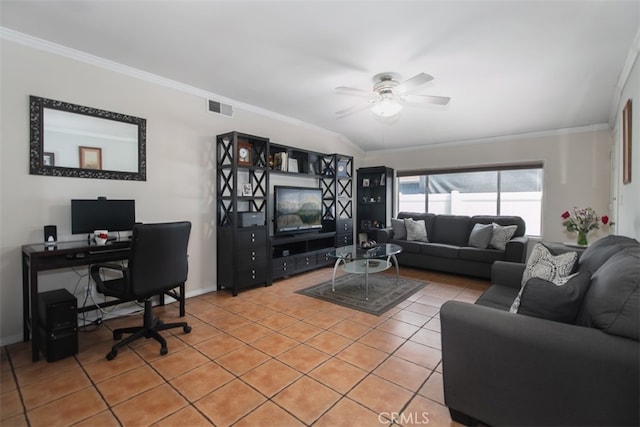 tiled living room with ornamental molding and ceiling fan