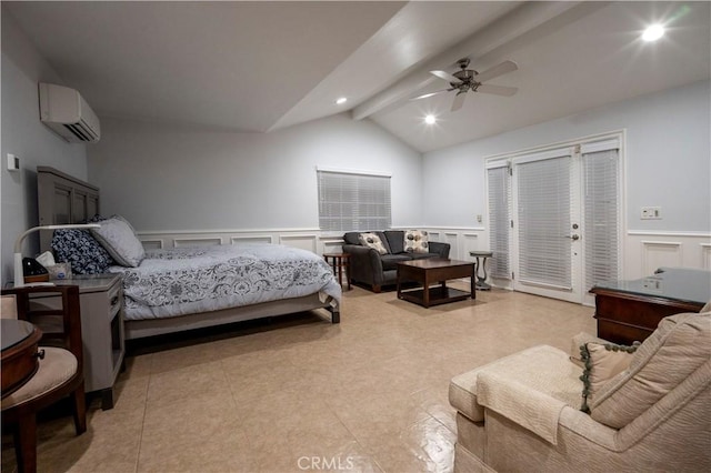 tiled bedroom with ceiling fan, lofted ceiling with beams, a wall unit AC, and access to outside