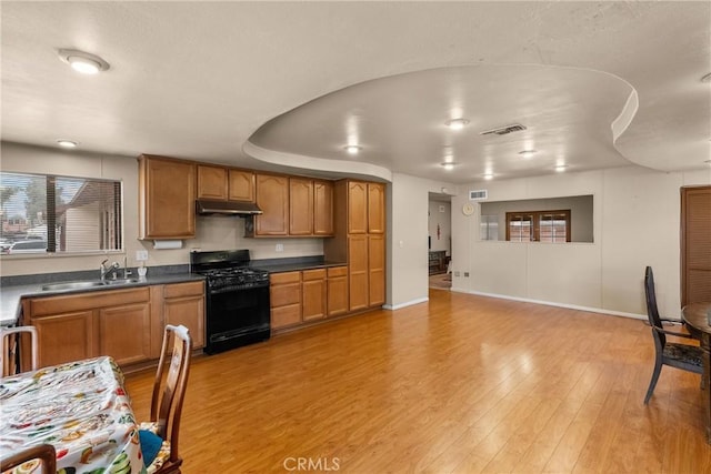 kitchen with black range with gas cooktop, sink, and light wood-type flooring