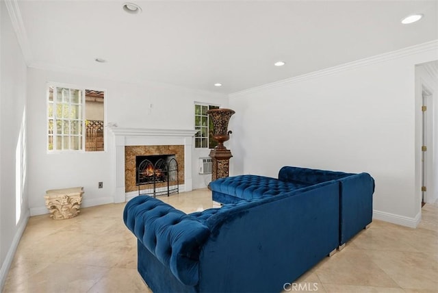 living room featuring tile patterned floors, ornamental molding, and a premium fireplace