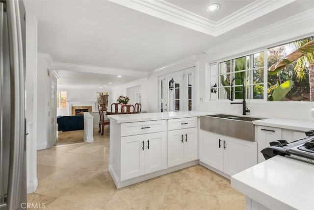 kitchen featuring ornamental molding, kitchen peninsula, sink, and white cabinets