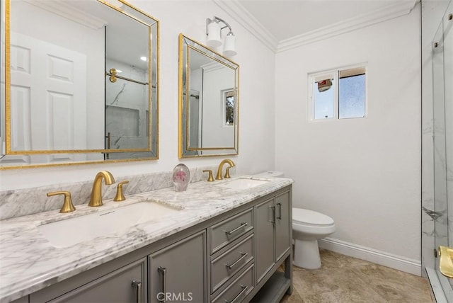 bathroom featuring vanity, crown molding, toilet, and walk in shower