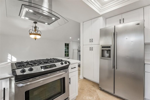 kitchen featuring appliances with stainless steel finishes, island range hood, and white cabinets