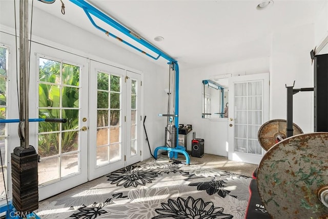 bedroom with multiple windows, access to outside, and french doors