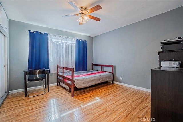 bedroom featuring light wood-type flooring and ceiling fan