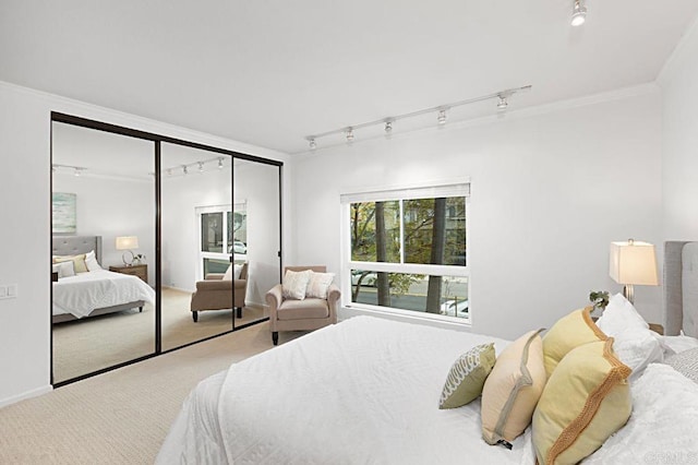 bedroom with crown molding, track lighting, a closet, and carpet flooring