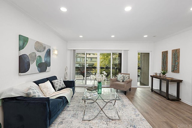 living room with ornamental molding and wood-type flooring