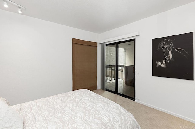 bedroom featuring light colored carpet and access to exterior