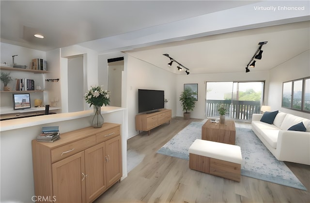 living room featuring track lighting and light hardwood / wood-style floors