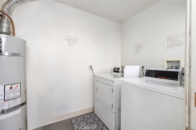 laundry area with strapped water heater and washer and clothes dryer