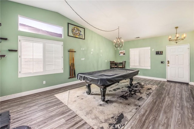 game room featuring wood-type flooring, vaulted ceiling, billiards, and a chandelier