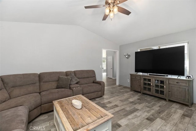 40350 Exa Ely Rd, Hemet, CA 92544 - living room with lofted ceiling, ceiling fan, and light wood-style flooring
