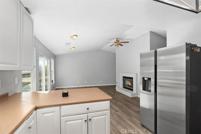 40350 Exa Ely Rd, Hemet, CA 92544 - kitchen with stainless steel refrigerator with ice dispenser, a peninsula, light wood finished floors, a ceiling fan, and white cabinets