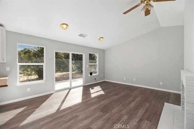 40350 Exa Ely Rd, Hemet, CA 92544 - unfurnished living room featuring a ceiling fan, wood finished floors, lofted ceiling, and baseboards