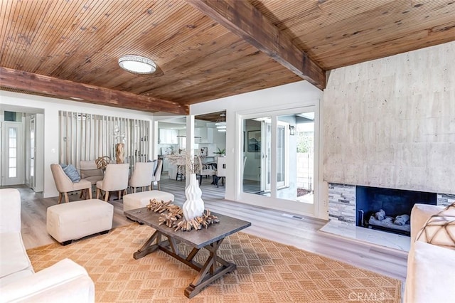 living room with beam ceiling, wood ceiling, a fireplace, and wood-type flooring