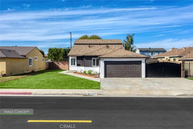 ranch-style house with a garage and a front lawn