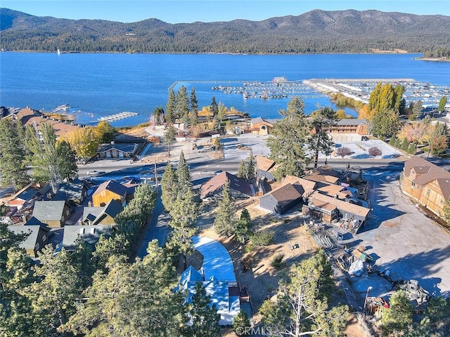 bird's eye view featuring a water and mountain view