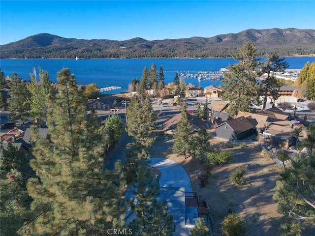 bird's eye view with a water and mountain view