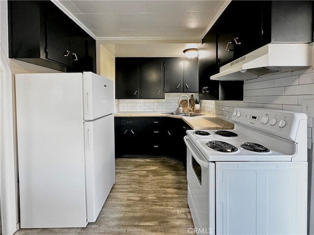 kitchen with light wood finished floors, light countertops, a sink, dark cabinets, and white appliances