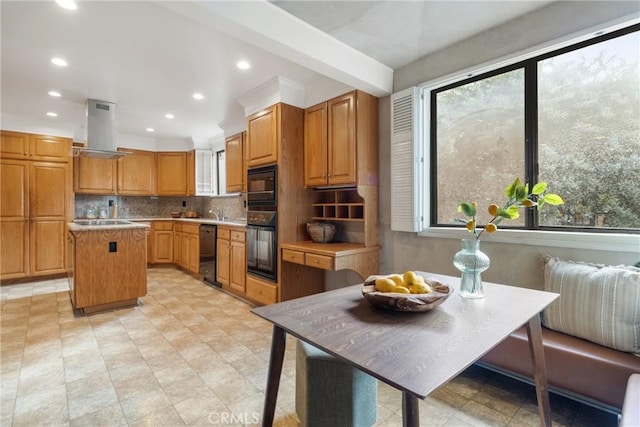 kitchen featuring a kitchen island, island range hood, decorative backsplash, black appliances, and beam ceiling