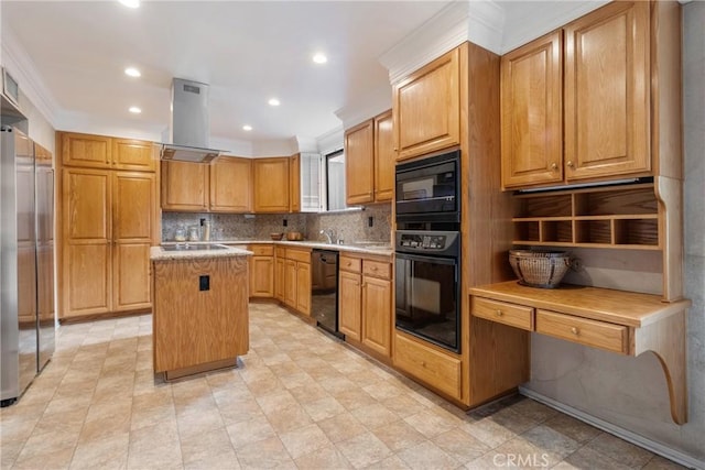 kitchen with a kitchen island, tasteful backsplash, island exhaust hood, black appliances, and crown molding