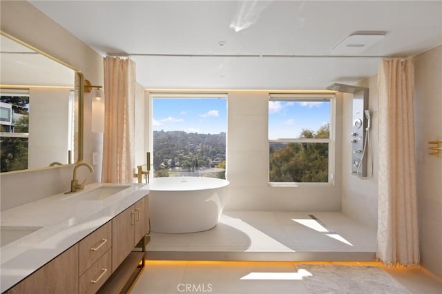 bathroom featuring double vanity, a shower with curtain, a freestanding bath, and a sink