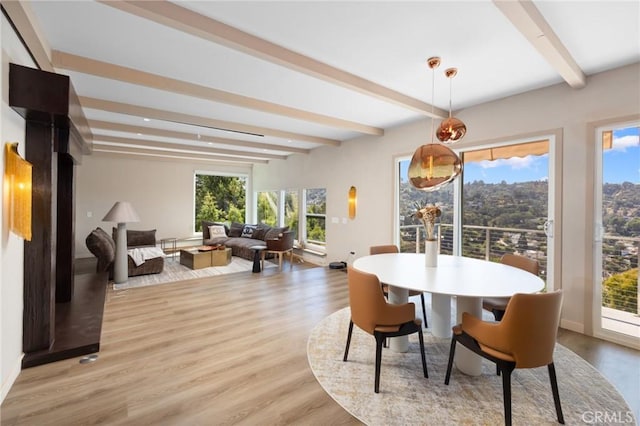 dining area featuring beam ceiling and light wood-type flooring